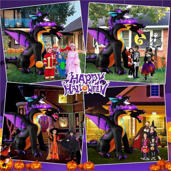 BLOWOUT FUN 11 FT Long Inflatable Giant Fire & Ice Twin  Halloween Inflatables 7 FT Giant Fire & Ice 2 Headed Dragon with Wings, LEDs
